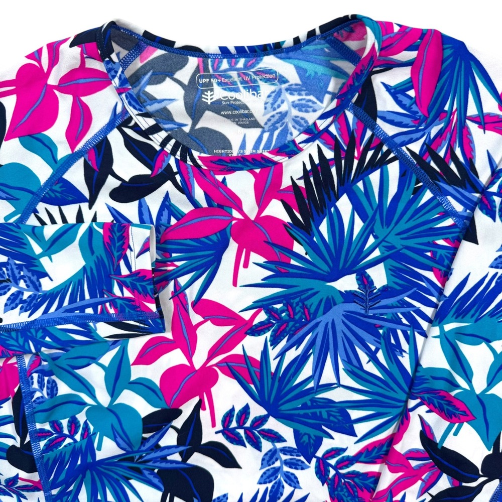Coolibar Hightide Swim Shirt Women‎ M Blue Pink Tropical Floral Rash Guard 03273
